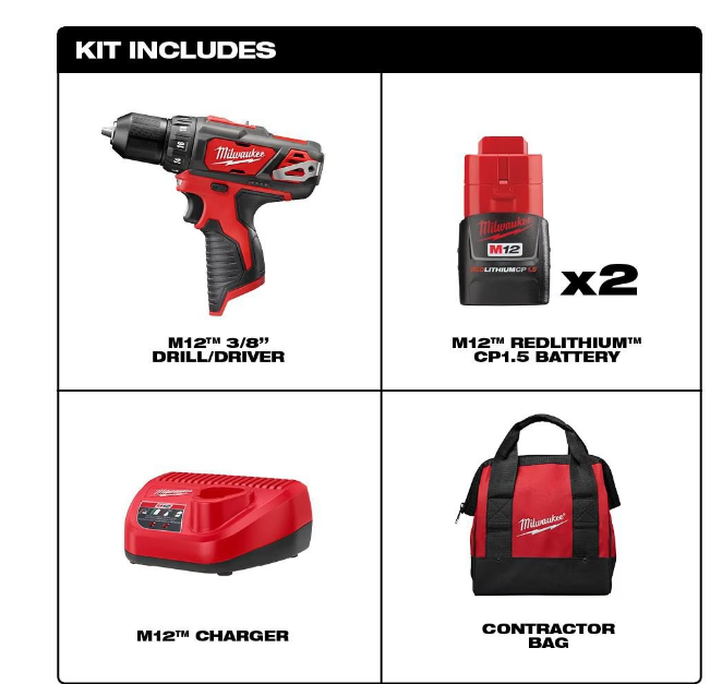 Milwaukee 2407-22 M12 Cordless 3/8” Drill/Driver Kit Complete with Battery, Charger & Carrying Case