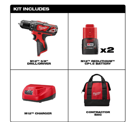 Milwaukee 2407-22 M12 Cordless 3/8” Drill/Driver Kit Complete with Battery, Charger & Carrying Case