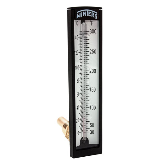 Winters TAS143LF Angle Lead Free Industrial 5” Thermometer with 1/2" NPT LF Brass Thermowell, Range 30°F to 300°F & 0°C to 150°C