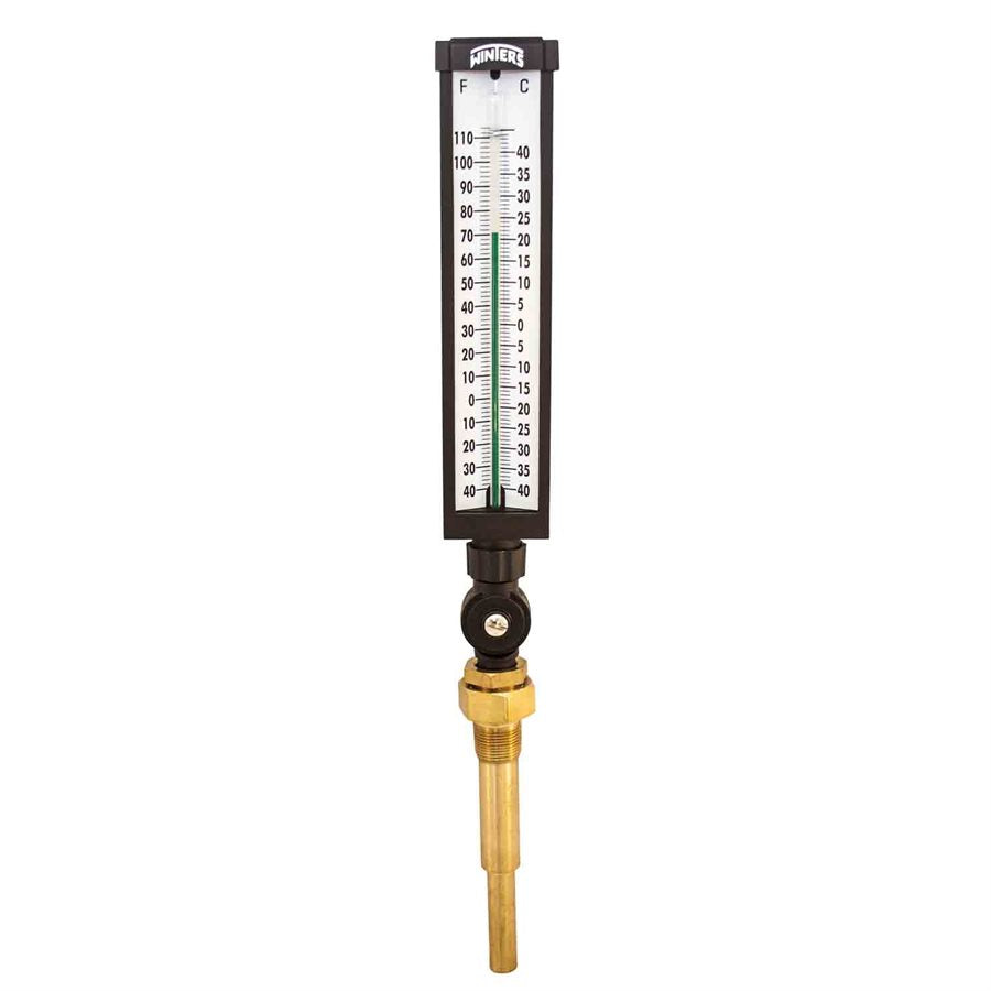 Winters TIM101-6 Industrial 9" Thermometer, 6'' Stem, -40/110 F, with 3/4'' NPT Var Angle Brass Thermowell 