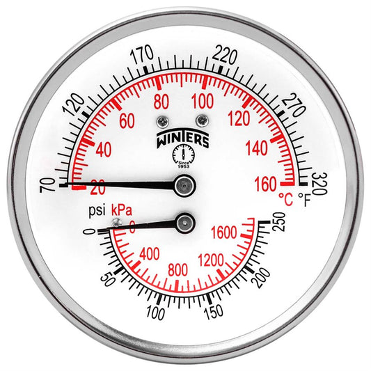 Winters TTD398 TTD Dual Scale Tridicator, 3'' Dial, 0-250 PSI/KPA & 70-320 F/C, 2.5" Stem, 1/2'' NPT Connection, Center Back Mount 