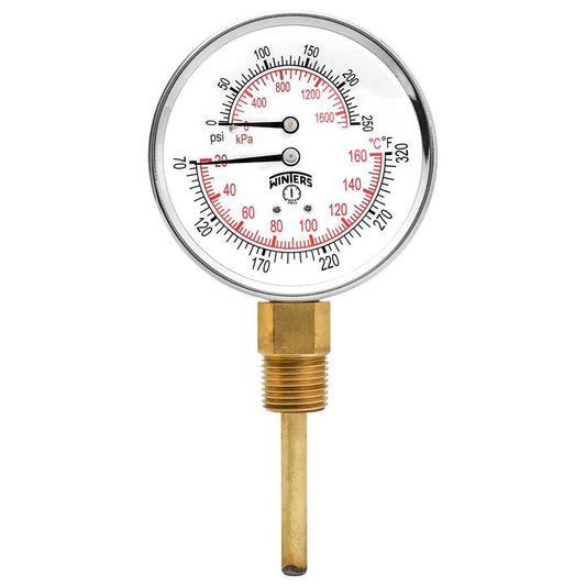 Winters TTD399 TTD Series Dual Scale Tridicator, 3'' Dial, 0-250 PSI/KPA & 70-320 F/C, 1/2'' NPT Connection, 2.5" Stem, Bottom Mount 