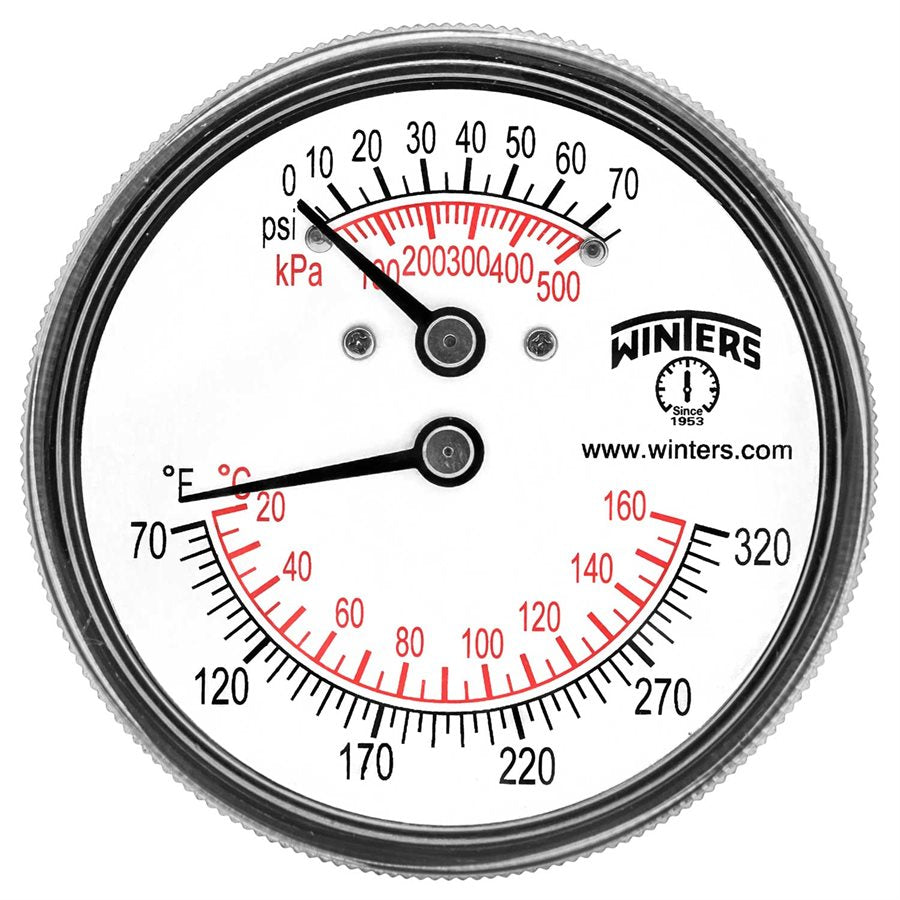 Winters TTD401 TTD Series Tridicator, 2.5'' Dial, 0-75 PSI/KPA & 70-320 F/C, 2" Stem, 1/4'' NPT Connection, Extension Center Back 