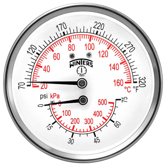 Winters TTD402 TTD Series Dual Scale Tridicator, 3'' Dial, 0-75 PSI/KPA & 70-320 F/C, 2.5" Stem, 1/2'' NPT Center Back Connection 