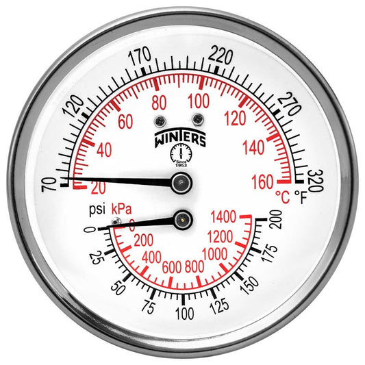 Winters TTD407 TTD Series Dual Scale Tridicator, 3'' Dial, 2.5" Stem, 0-200 PSI/KPA & 70-320 F/C, 1/2''NPT Connection, Center Back Mount 