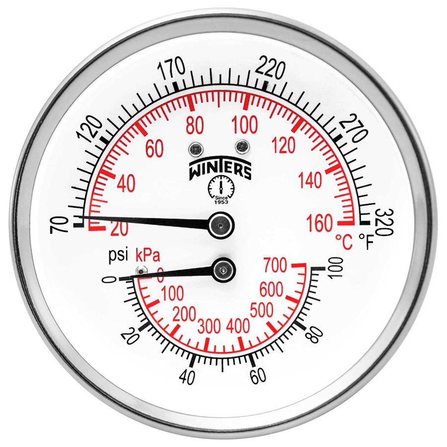 Winters TTD408 TTD Series Dual Scale Tridicator, 3'' Dial, 0-100 PSI/KPA & 70-320 F/C, 1/2'' NPT Connection, Center Back Mount 