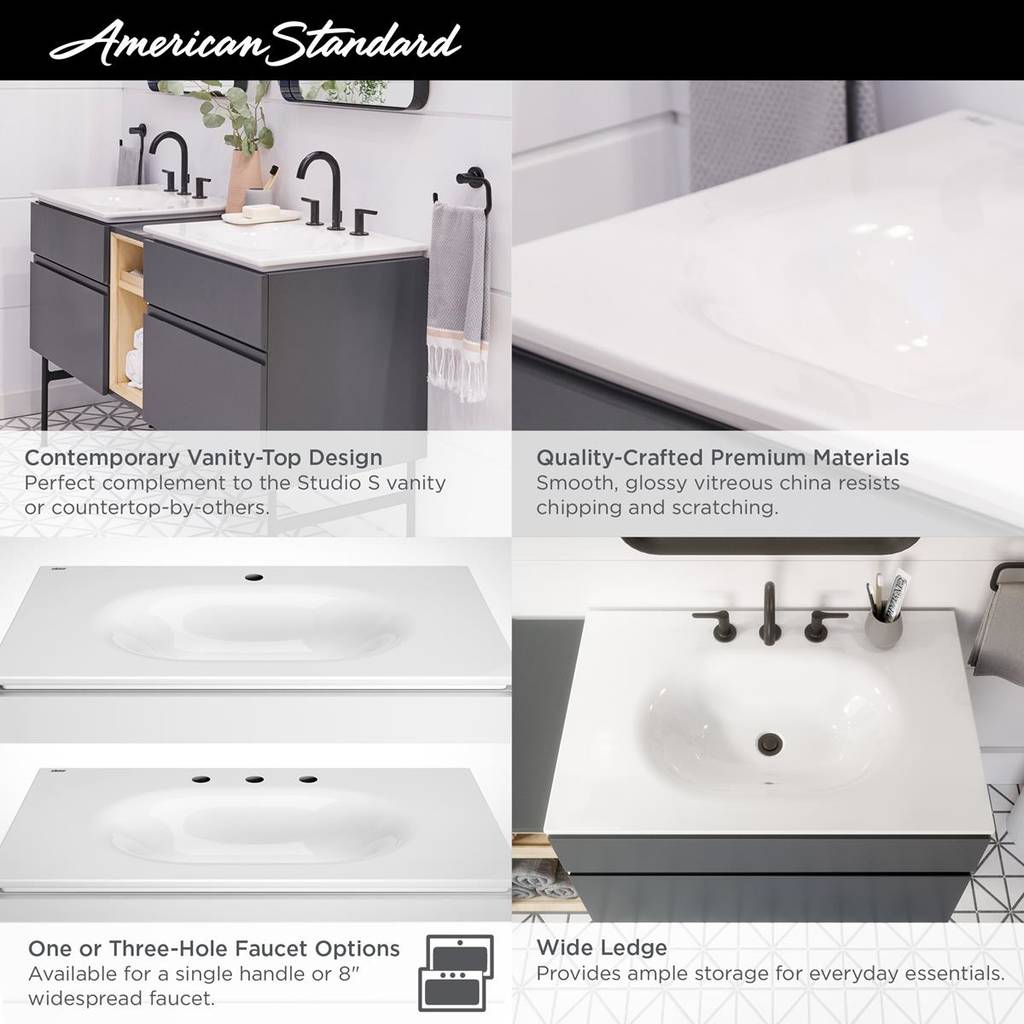 American Standard 1297008.020 Studio S 24 Vanity Wide-Spread Countertop Bathroom Sink, 8" Center, White 