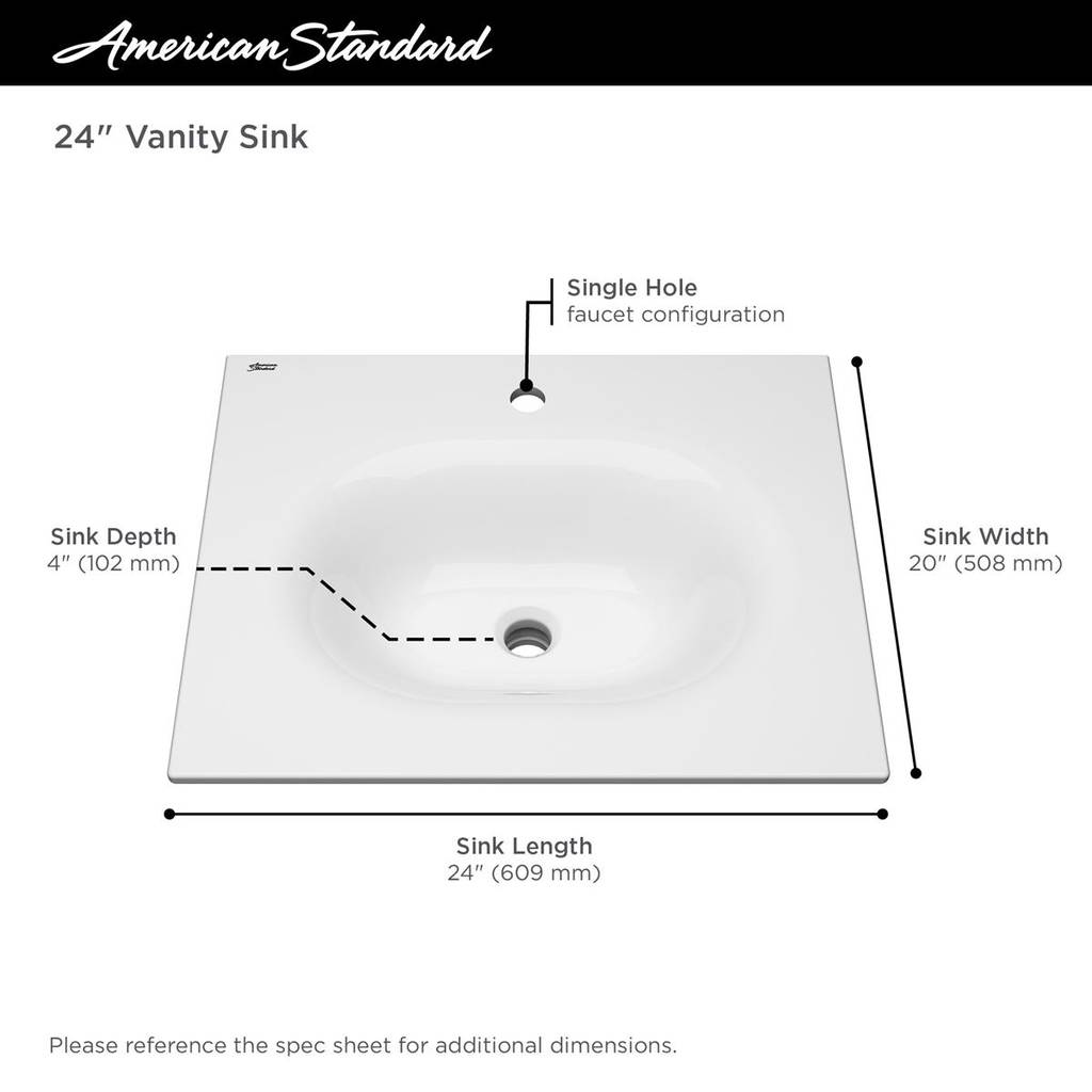 American Standard 1297001.020 Studio S 24" Vanity Top Bathroom Sink, Center Hole, White 