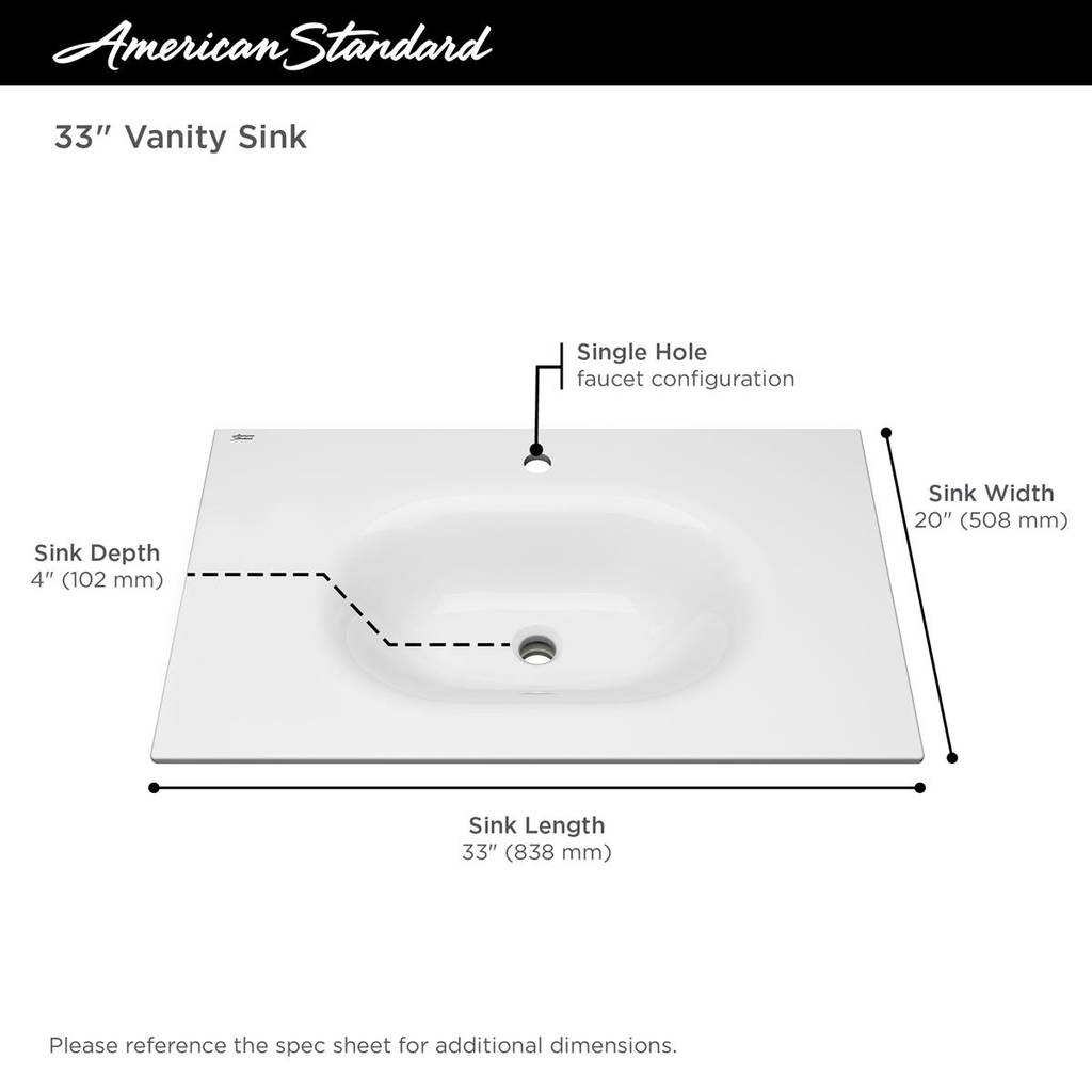 American Standard 1298001.020 Studio S 33-inch Vanity Top Bathroom Sink, Center Hole, White 