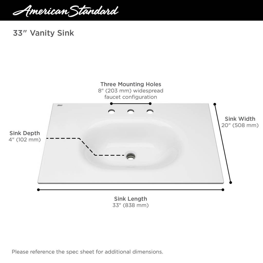 American Standard 1298008.020 Studio S 33-inch Vanity Top Mount Bathroom Sink, 8-inch Centers, White 