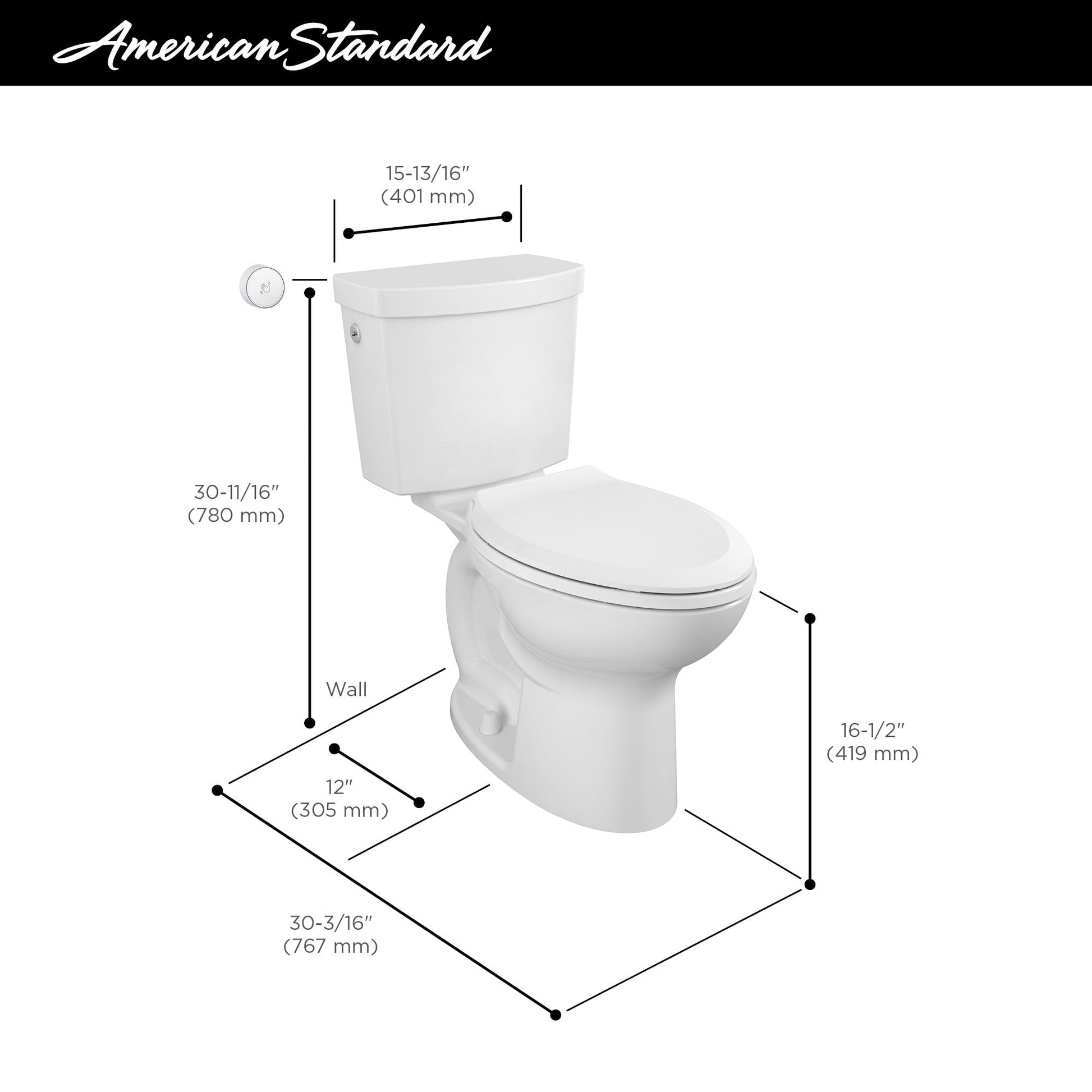 American Standard 215AA709.020 Cadet Two-Piece Toilet Touchless Right Height Elongated Toilet, ADA Compliant, White (Less Seat) 