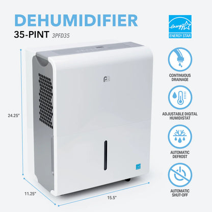 Perfect Aire 3PFD35-2 ENERGY STAR Dehumidifier With Continuous Drainage, Ultra-Quiet Operation, 35 Pints, Ideal for 3000 Square Ft