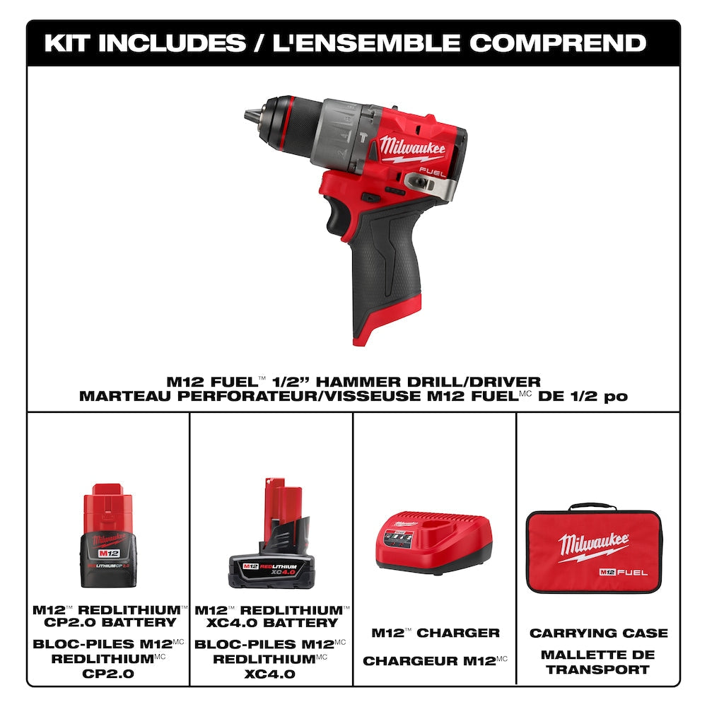 Milwaukee 3404-22 M12 FUEL 1/2" Hammer Drill/Driver Kit with Battery, Charger & Carrying Case 