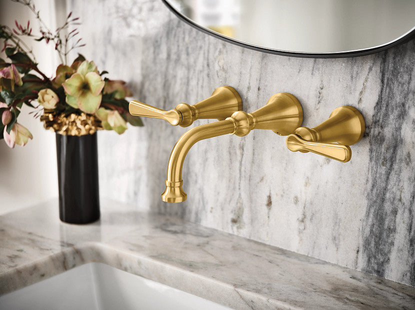 Moen TS44104BG Colinet 2-Handle Wall Mount Bathroom Faucet with Lever Handles in Brushed Gold 