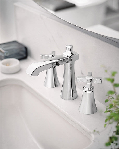 Moen TS6985 Flara Two-Handle 8" Widespread Low Arc Bathroom Faucet with Cross Handles in Chrome 