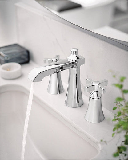 Moen TS6985 Flara Two-Handle 8" Widespread Low Arc Bathroom Faucet with Cross Handles in Chrome 