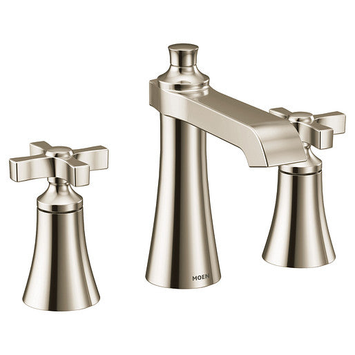 Moen TS6985NL - Flara Two-Handle 8" Widespread Low Arc Bathroom Faucet with Cross Handles, Polished Nickel 