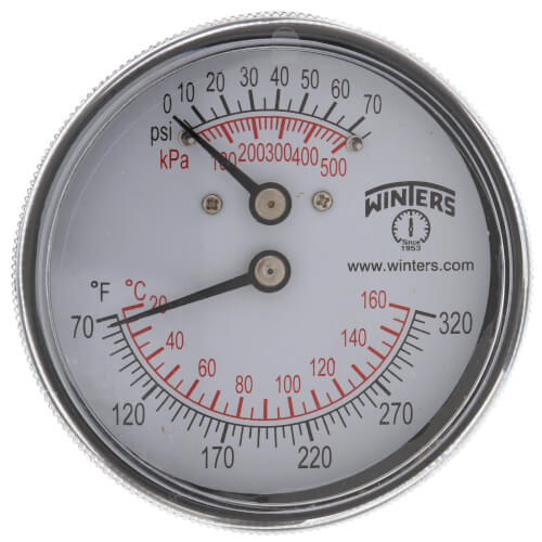 Winters TTD410 2.5" Dual Scale Tridicator, 0-75 PSI/KPA & 70-320 F/C, 1" Stem, 1/4" NPT Center Back Mount 